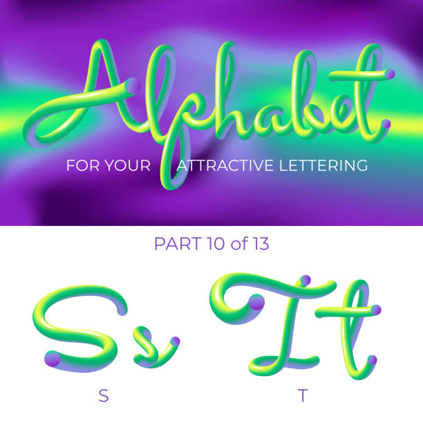 ilustrações de stock, clip art, desenhos animados e ícones de 3d neon led alphabet font. logo s letter, t letter with rounded shapes. matte three-dimensional letters from the tube, rope green and purple.  tube hand-drawn lettering. typography for music poster, sale banner, advertising. multicolor ultraviolet colors. - letter s text alphabet letter t