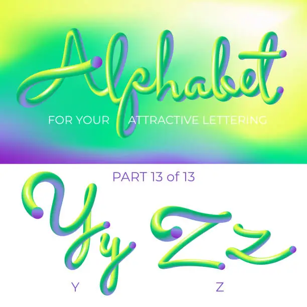 Vector illustration of 3D neon led alphabet font. Logo Y letter, Z letter with rounded shapes. Matte three-dimensional letters from the tube, rope green and purple.  Tube Hand-Drawn Lettering. Typography for Music Poster, Sale Banner, Advertising. Multicolor Ultraviolet Colors.