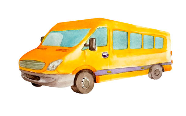 illustrations, cliparts, dessins animés et icônes de aquarelle orange mini bus ou taxi isolé sur fond blanc pour cartes postales, affaires et enfants, illustration du transport de fret, de la circulation ou de la journée des travailleurs du transport - coach bus illustrations