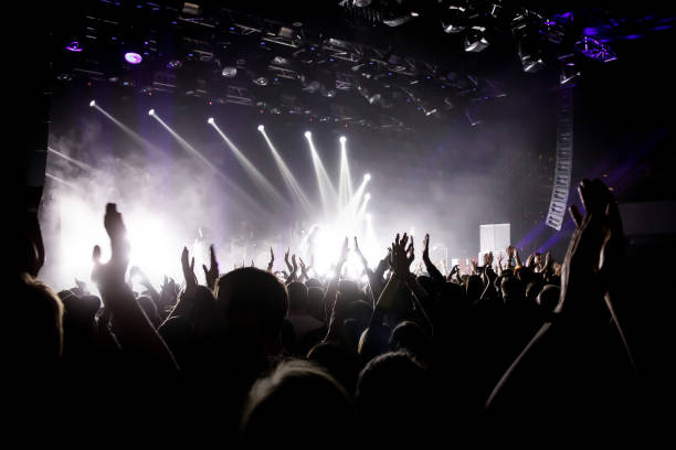 istock Crowd on music show, happy people with raised hands. White stage light. Frontman on stage. 1141666317