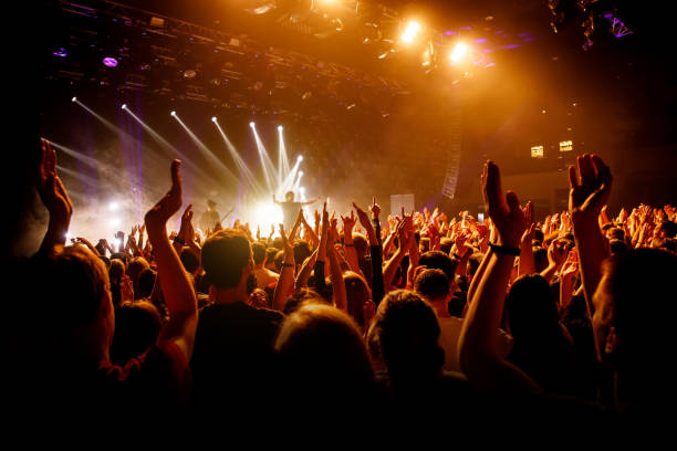 istock Crowd on music show, happy people with raised hands. Orange stage light. 1141666321