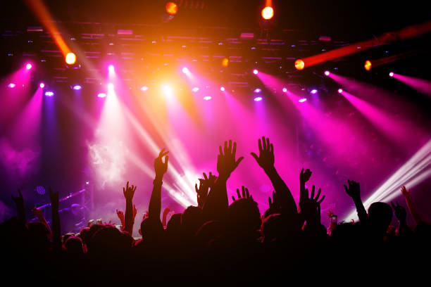 istock People, crowd on concert. Purple light from stage. 1141666324