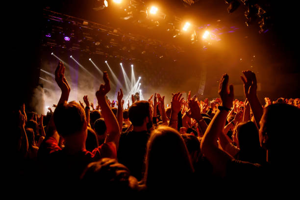 istock Crowd on music show, happy people with raised hands. Orange stage light. 1141666333