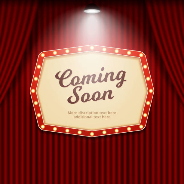 istock Coming soon retro theater sign illuminated by spotlight on cinema curtain background vector illustration. 1141668751