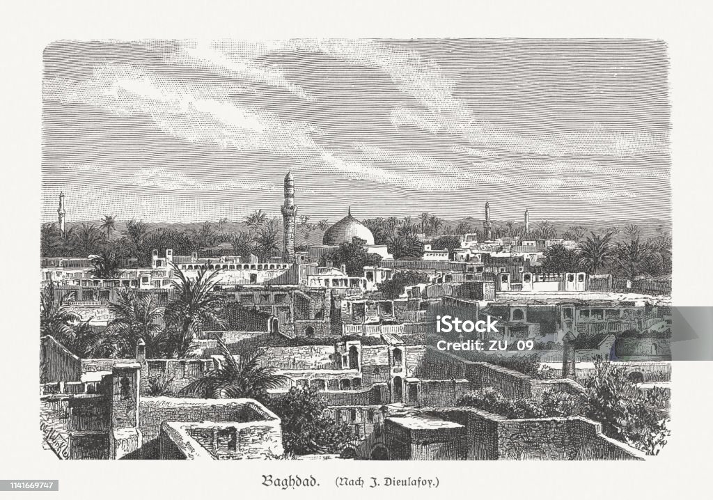 Baghdad, capital city of Iraq, wood engraving, published in 1897 Baghdad - capital city of Iraq. Wood engraving, published in 1897. Baghdad stock illustration