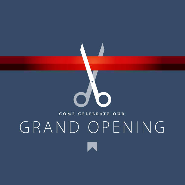 illustrazioni stock, clip art, cartoni animati e icone di tendenza di design dell'invito di inaugurazione - taglio del nastro illustrazioni