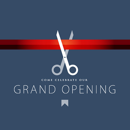 Vector of grand opening design template with gold colored scissors and ribbon on color background. EPS ai 10 file format.