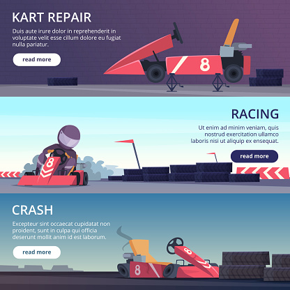 Karting cars. Banners with sport pictures of speed fast karting racing automobiles vector cartoon pictures. Championship kart racing, professional karting illustration