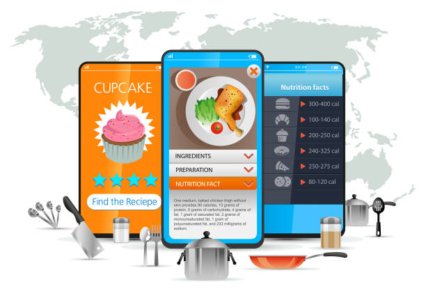ilustrações, clipart, desenhos animados e ícones de receita app no smartphone - blueberry muffin muffin blueberry ingredient