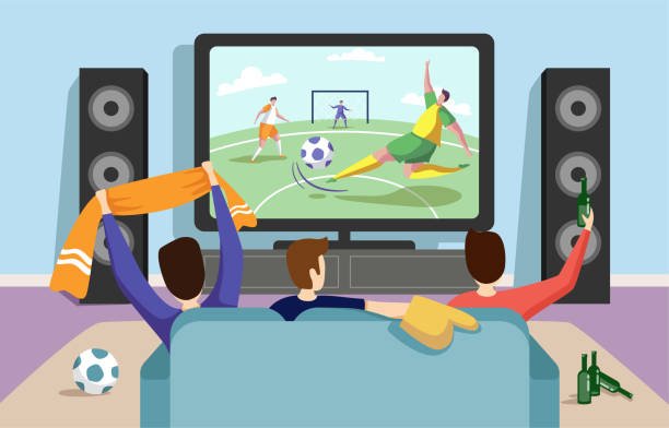 Colorful illustration of a football soccer match This illustration shows young people watching a football soccer match on TV tv game stock illustrations