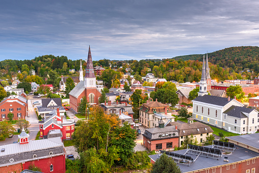 Montpelier, Vermont, USA town skyline at dusk.