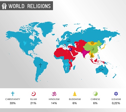 World religions - map of the world with dominant religion vector art
