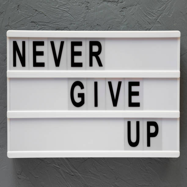 istock 'Never give up' words on lightbox over gray background. Flat lay, from above, overhead. Close-up. 1141680708