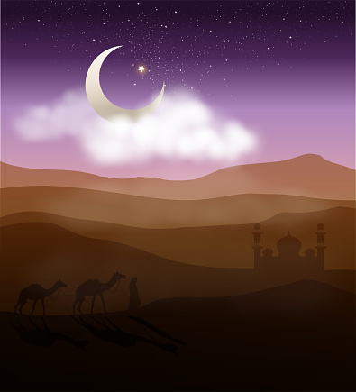 Arabian walking with camels to the mosque at the starry night of desert. The sky full of stars with the big Crescent Moon shining. Vector illustration background.