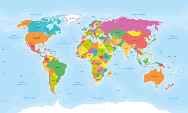 彩色世界地圖在法語。法文文本。向量例證 - 法語 幅插畫檔、美工圖案、卡通及圖標