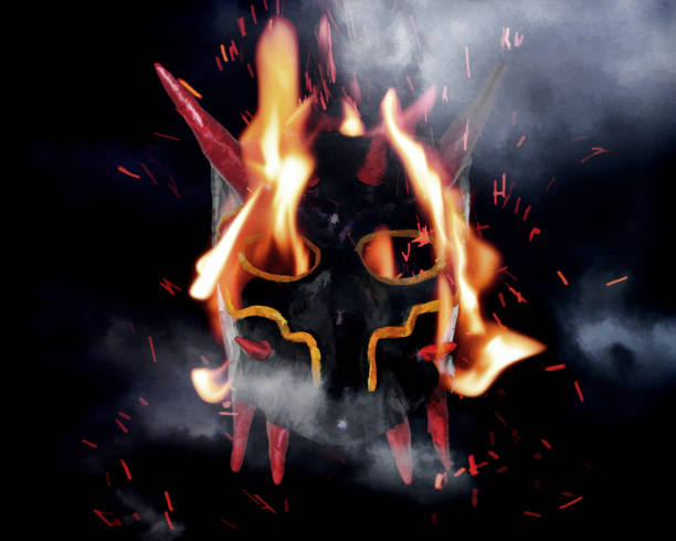 istock Digital illustration art. The devil's mask in the flames. 1141682362