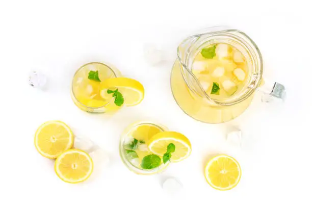 Photo of Homemade lemonade in glasses and a jar, with fresh lemons, mint, and ice cubes, shot from the top on a white background with copy space
