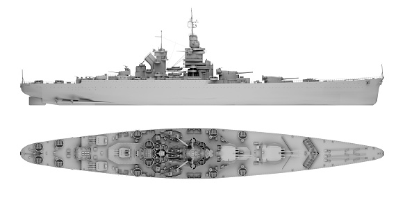 warship in gray side view and top view isolated on white. 3d rendering