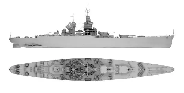 warship in gray side view and top view isolated on white. 3d rendering