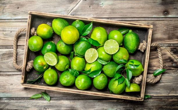 istock Fresh green limes with leaves on a tray. 1141691932