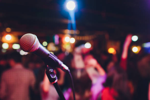 istock microphone against blur on beverage in pub and restaurant background. 1141693167