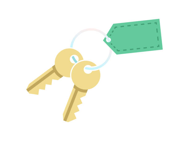 ilustrações de stock, clip art, desenhos animados e ícones de key with blank tag keychain. icon of house home door or car bunch golden keys on keyring. concept for purchase real estate or real estate agent services sign. vector illustration - key real estate key ring house key