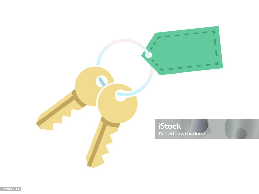Key with blank tag keychain. Icon of house home door or car bunch golden keys on keyring. Concept for purchase real estate or Real Estate Agent services sign. Vector illustration Key with blank tag keychain. Icon of house home door or car bunch golden keys on keyring. Concept for purchase real estate or Real Estate Agent services sign. Vector isolated illustration Key stock vector