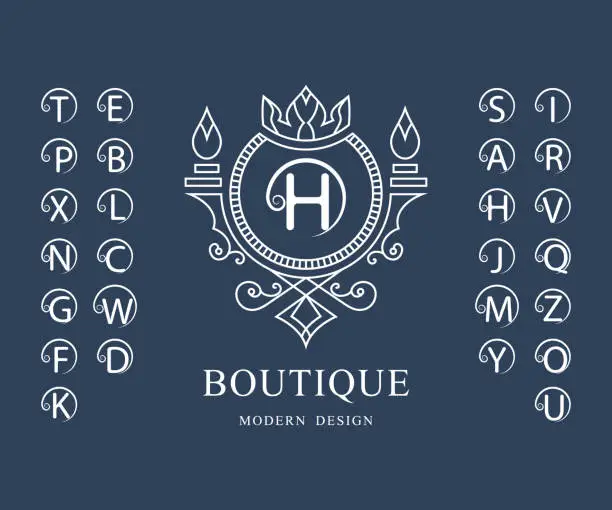 Vector illustration of Linear Monogram Template. Set of Stylish Capital Letters with a Curl. Simple Logo. English Alphabet. Elegant Line Art Design. Emblem for Crest, Royalty, Boutique, Hotel, Restaurant, Heraldic. Vector