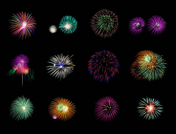 istock Collection of festive fireworks on black background 1141697067