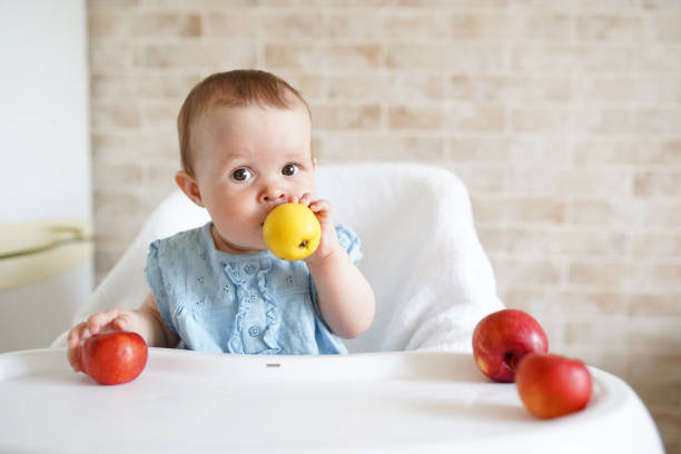 ребенок ест фрукты. маленькая девочка кусает желтое яблоко, сидя в белом высоком кресле в солнечной кухне. здоровое питание для детей. тверд - baby carrot snack healthy eating small стоковые фото и изображения