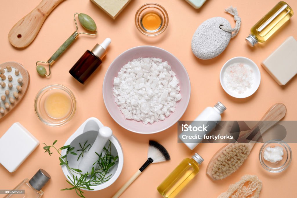 Spa products for home skin care Spa beauty products for body and face home skin care, view from above on various spa treatment stuff, flat lay arrangement Merchandise Stock Photo