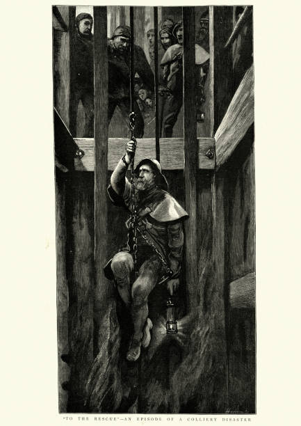 Vintage engraving of Colliery disaster, Miner lowered down the shaft to rescue, 1886, 19th Century