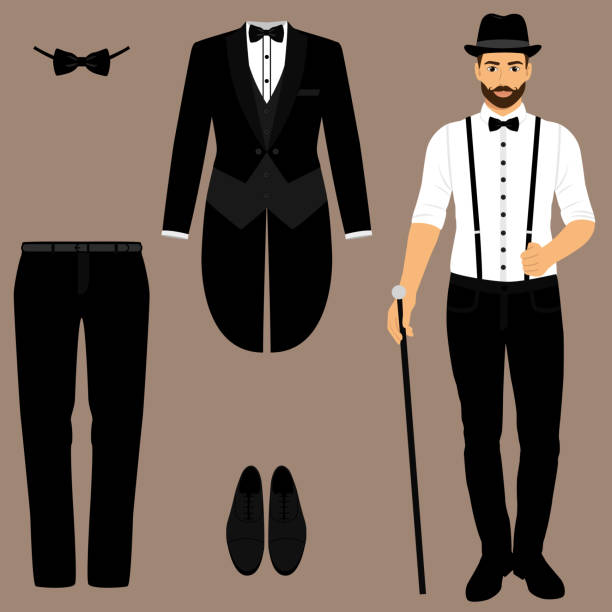 Men s tuxedo. Gentleman. Men s Accessories. Wedding men s set. Men s tuxedo. Gentleman. Men s Accessories. Wedding men s set. Flat design. Vector illustration. wedding tails bow ties stock illustrations