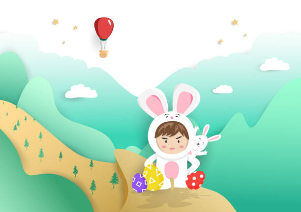 ilustraciones, imágenes clip art, dibujos animados e iconos de stock de día de pascua, niños y lindo cartel de la historieta del conejo, papel de fondo estilo corte, tarjeta de felicitación vector - easter rabbit baby rabbit mascot
