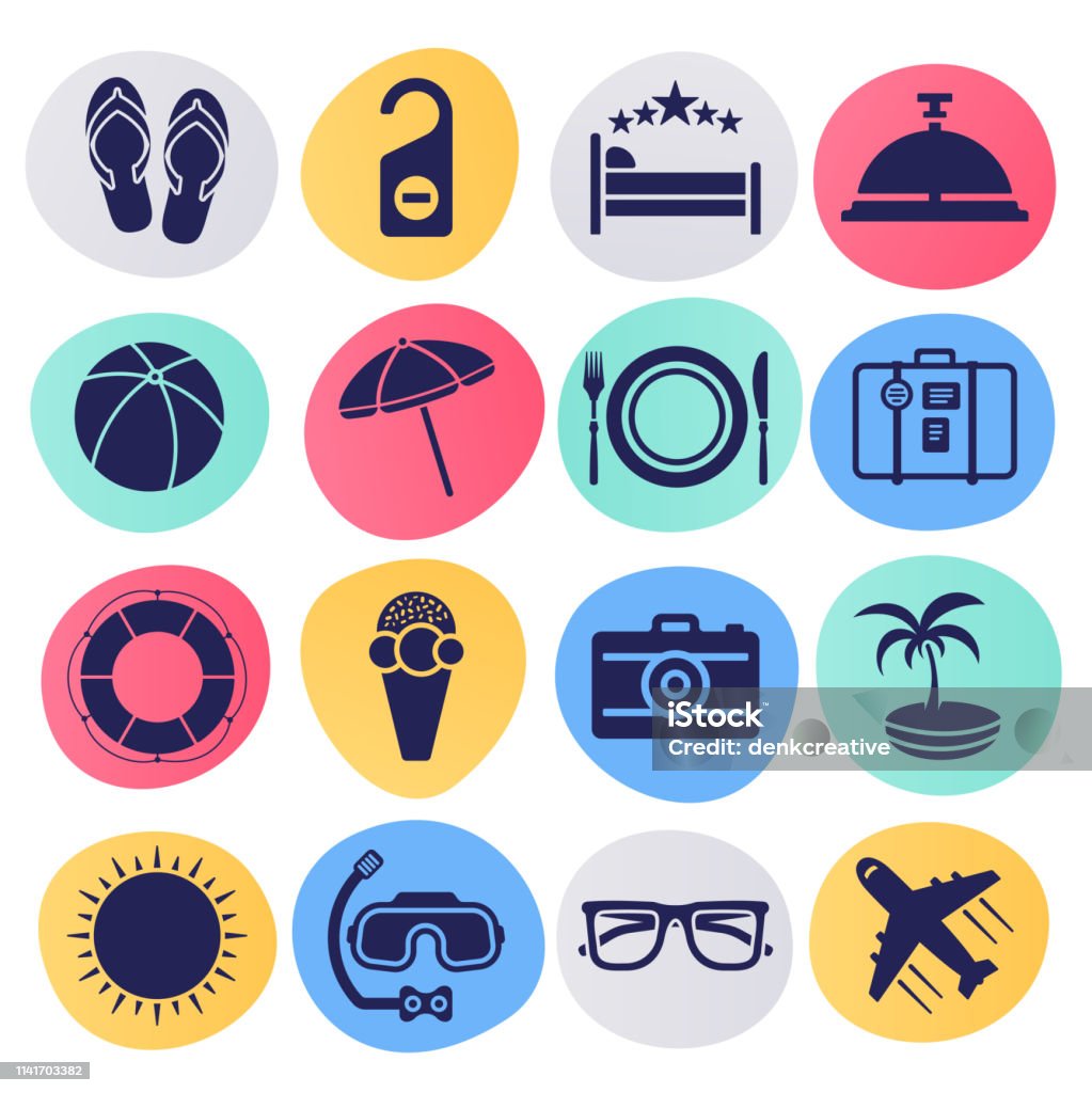 Weekend Trip & Vacation Plan Liquid Style Vector Icon Set Weekend trip and vacation plan liquid style silhouette symbols on color background. Vector icons set for infographics, mobile or web page designs. Beach Holiday stock vector