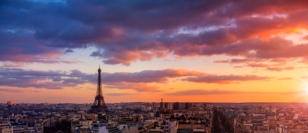 Paris cityscape and Eiffel Tower shot from Arc de Triomph.