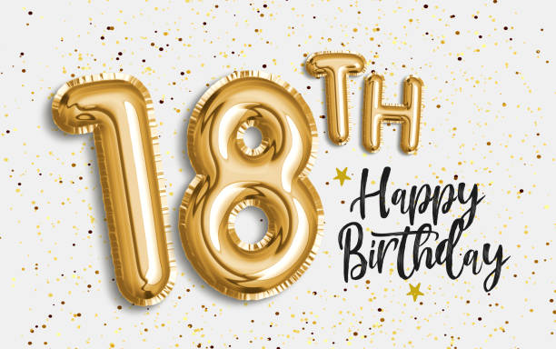 feliz 18 cumpleaños globos de oro de fondo de saludo. - número 18 fotografías e imágenes de stock