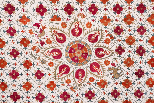 Decorative floral pattern on the fabric. Colorful background with grenades.