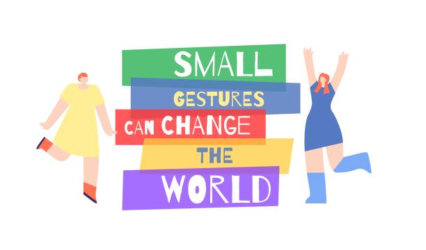 Poster Woman Motivation Appeal Slogan Change World Small Gestures Can Change World Motivation Text Poster. Banner with Dancing Happy Girls around Lettering. Flat Vector Template Design Illustration. Even Small Things, Shallow Support Make Life Better better world stock illustrations