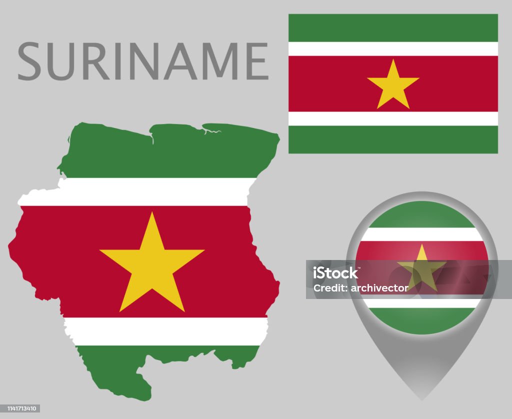 Suriname Colorful flag, map pointer and map of the Surname in the colors of the Surinamese flag. High detail. Vector illustration Abstract stock vector