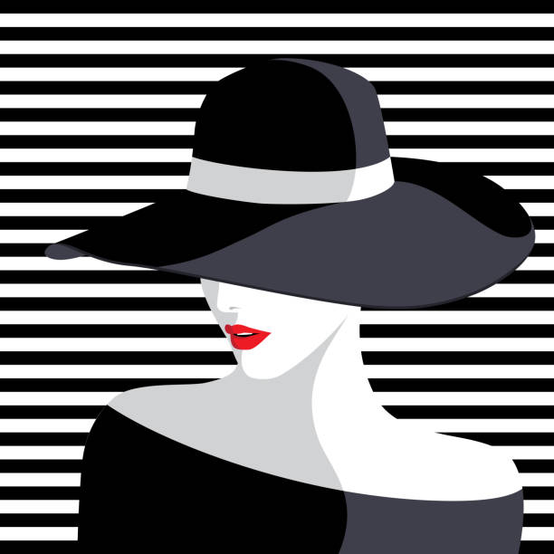 kobieta ubrana w duży kapelusz - human head black women dress stock illustrations