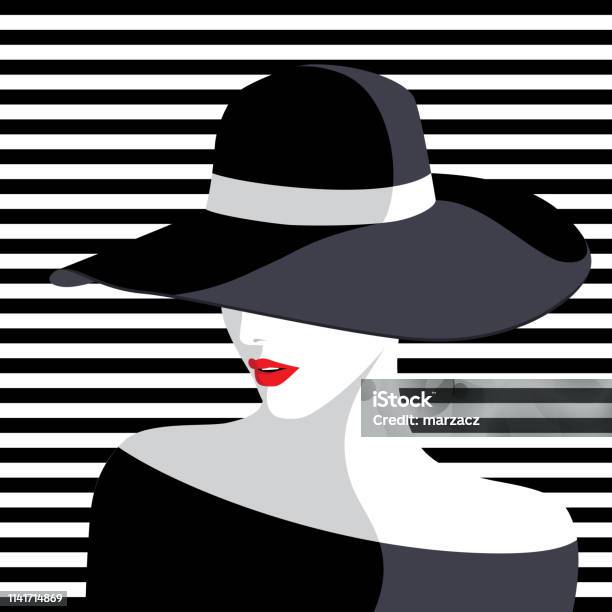 Woman Wearing Big Hat Stock Illustration - Download Image Now - Women, Fashion, Hat