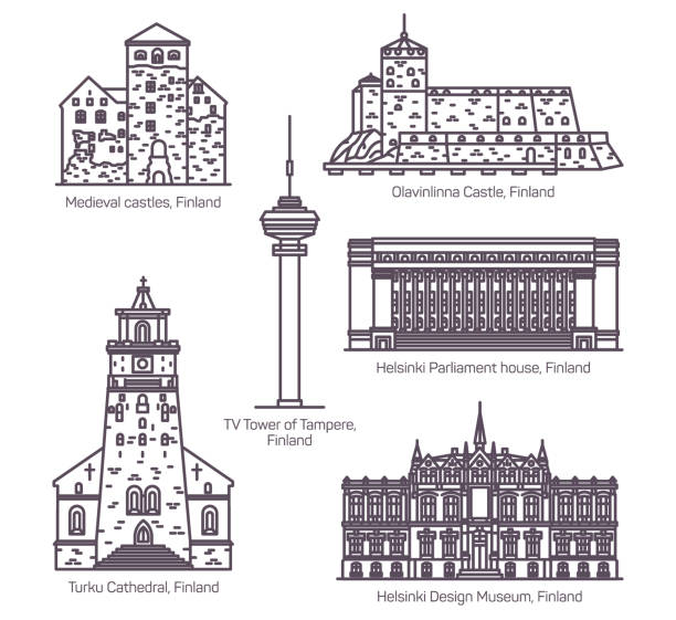 Set of isolated Finland or Finnish landmarks Set of isolated architecture monuments of Finland in thin line. Helsinki design museum and parliament house, turku cathedral and tv tower of Tampere, Olavinlinna, Savonlinna medieval castle. Landmark etela savo finland stock illustrations