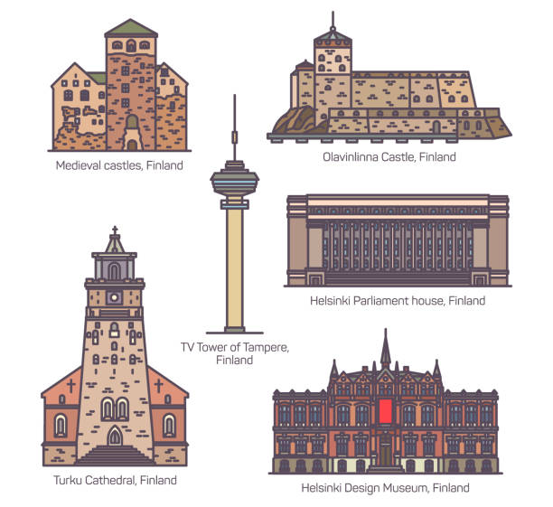 Set of isolated architecture monuments of Finland Set of isolated Finland or Finnish famous architecture landmarks. TV tower of Tampere, Olavinlinna medieval castle in Helsinki, Parliament house and Turku cathedral, Design museum. Sightseeing theme etela savo finland stock illustrations