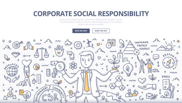 Corporate Social Responsibility Doodle Concept Corporate social responsibility concept. Businessman balances holding money in one hand and tree in another. He takes responsibility for the social and environmental impacts of his business operations. CSR. Sustainable development. Doodle illustration for web banners, hero images, printed materials sustainability corporate stock illustrations