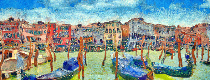 Picturesque view of Venetian Grand Canal with gondolas, digital imitation of Van Gogh painting style. Colorful old medieval houses over a canal in Venice, Italy.