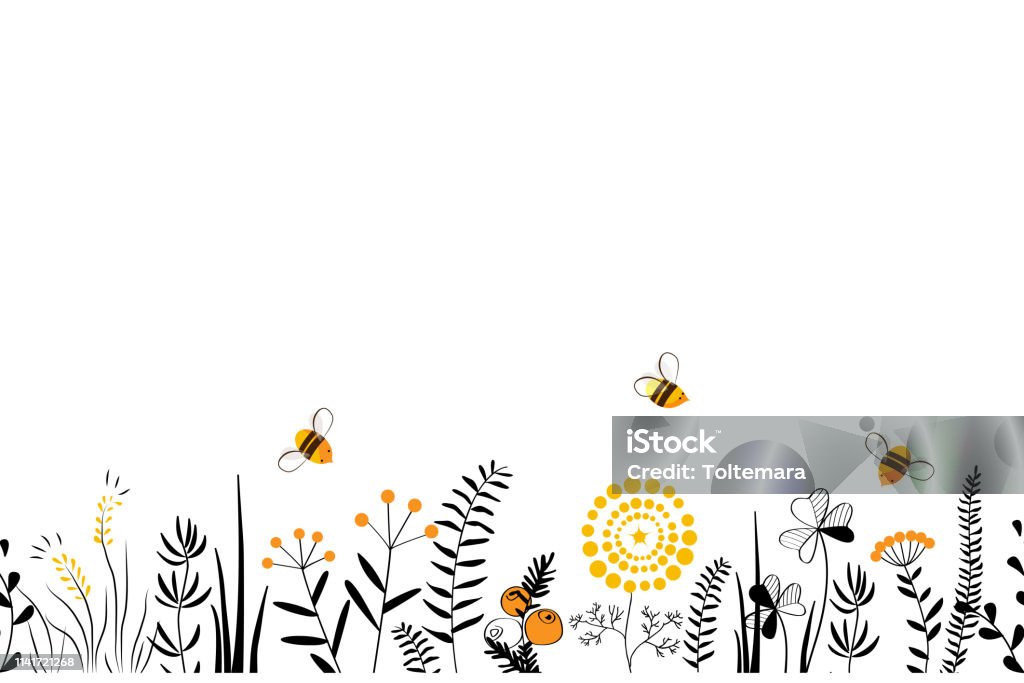 Fond de nature sans soudure de vecteur avec les herbes sauvages dessinées à la main, les fleurs et les feuilles sur le blanc. Illustration florale de style Doodle. - clipart vectoriel de Fleur - Flore libre de droits