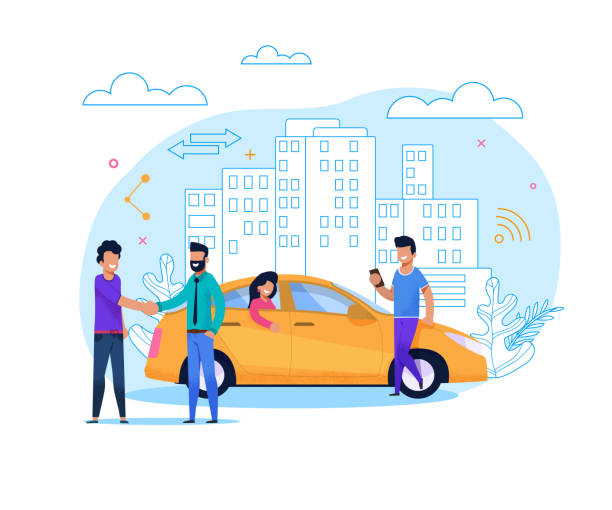 Yellow Taxi Order or Share. Flat Line Illustration Yellow Uber Taxi Share. Businessman Order Vehicle on Street by Smartphone App. Modern Transport Rent and Carsharing for People. Man Character at Urban Cityscape. Flat Illustration. mobility as a service stock illustrations
