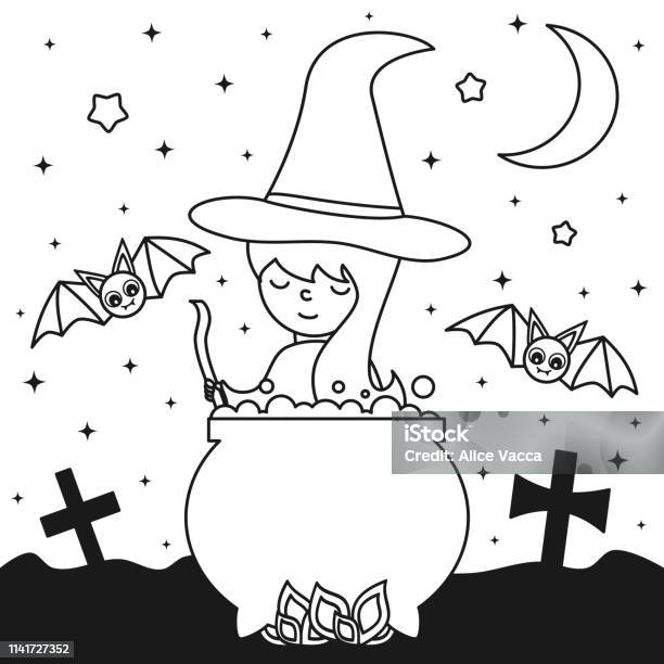 Cute Young Cartoon Witch Cooks A Potion In The Cauldron In The Night Halloween Vector Black And White Illustration For Coloring Art Stock Illustration - Download Image Now