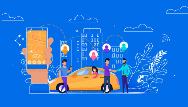 Carsharing Online Simple Flat. Passenger Character Carsharing Online Simple Flat Illustration with Line Cityscape. Girl and Men Passenger Character Reserve and Rent Car for Travel. Arm with Smartphone Route and Geo App. Group of People Waiting Trip. mobility as a service stock illustrations
